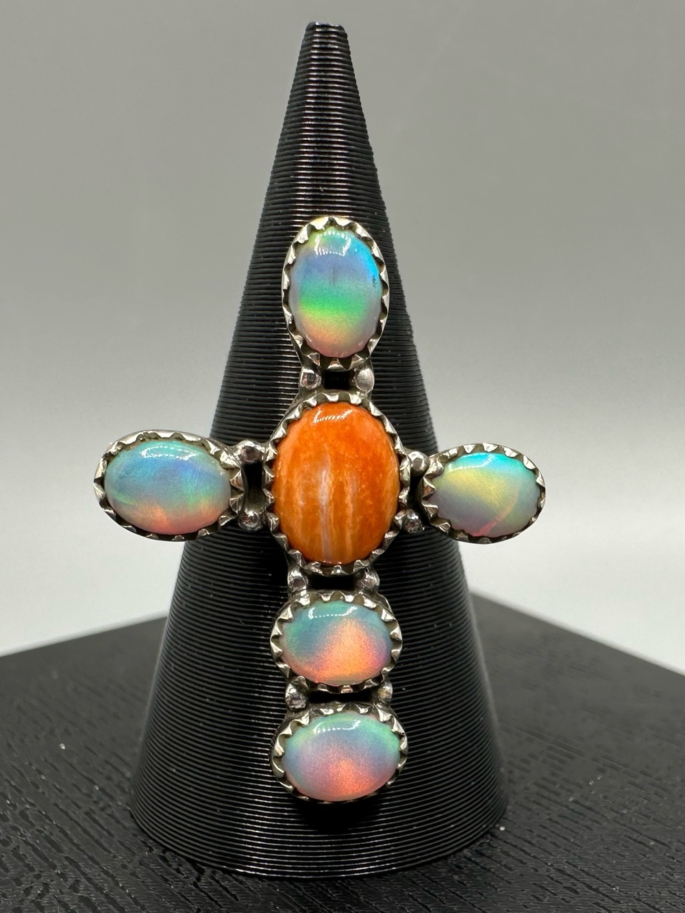Aurora Opal Orange Spiny Sterling Silver 925 Adjustable Cross Ring Handmade